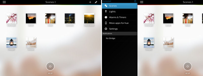 Philips Hue Lux landing page (l) and main menu (r)
