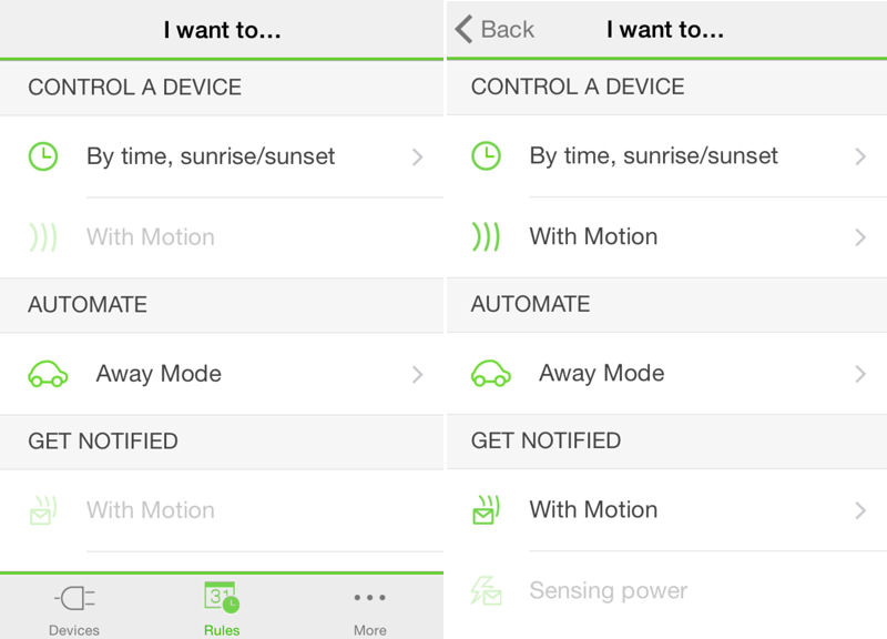 Belkin WeMo Rules menu