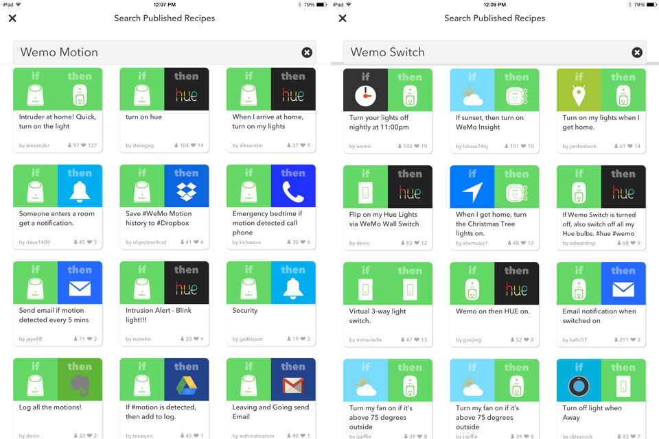 IFTTT Published Recipes for WeMo Motion Sensor and WeMo Switch