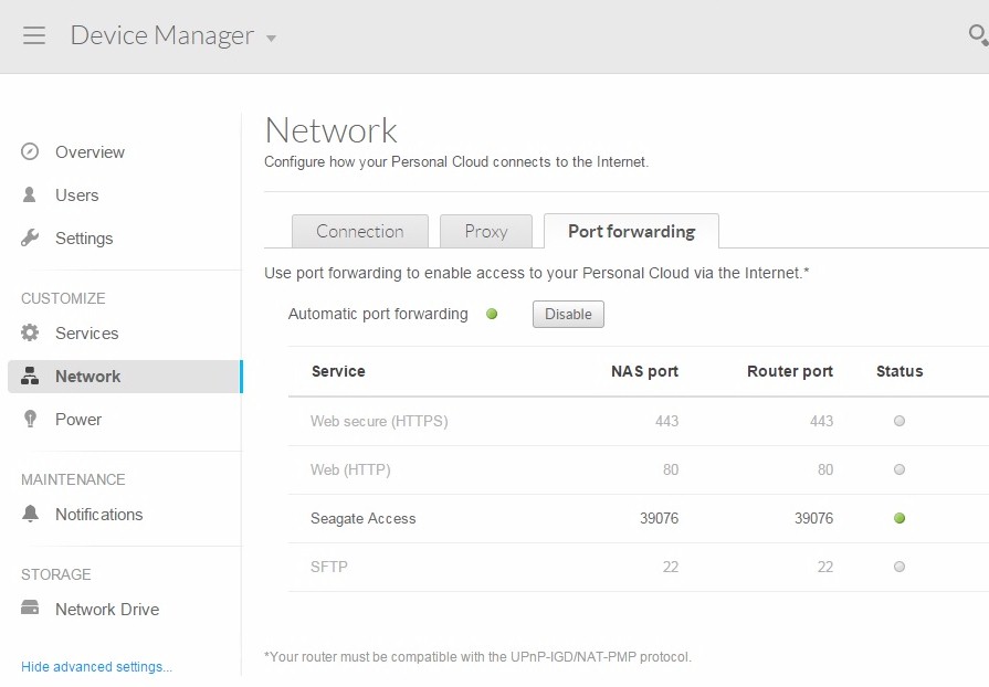 Seagate Personal Cloud Port Forwarding Status page