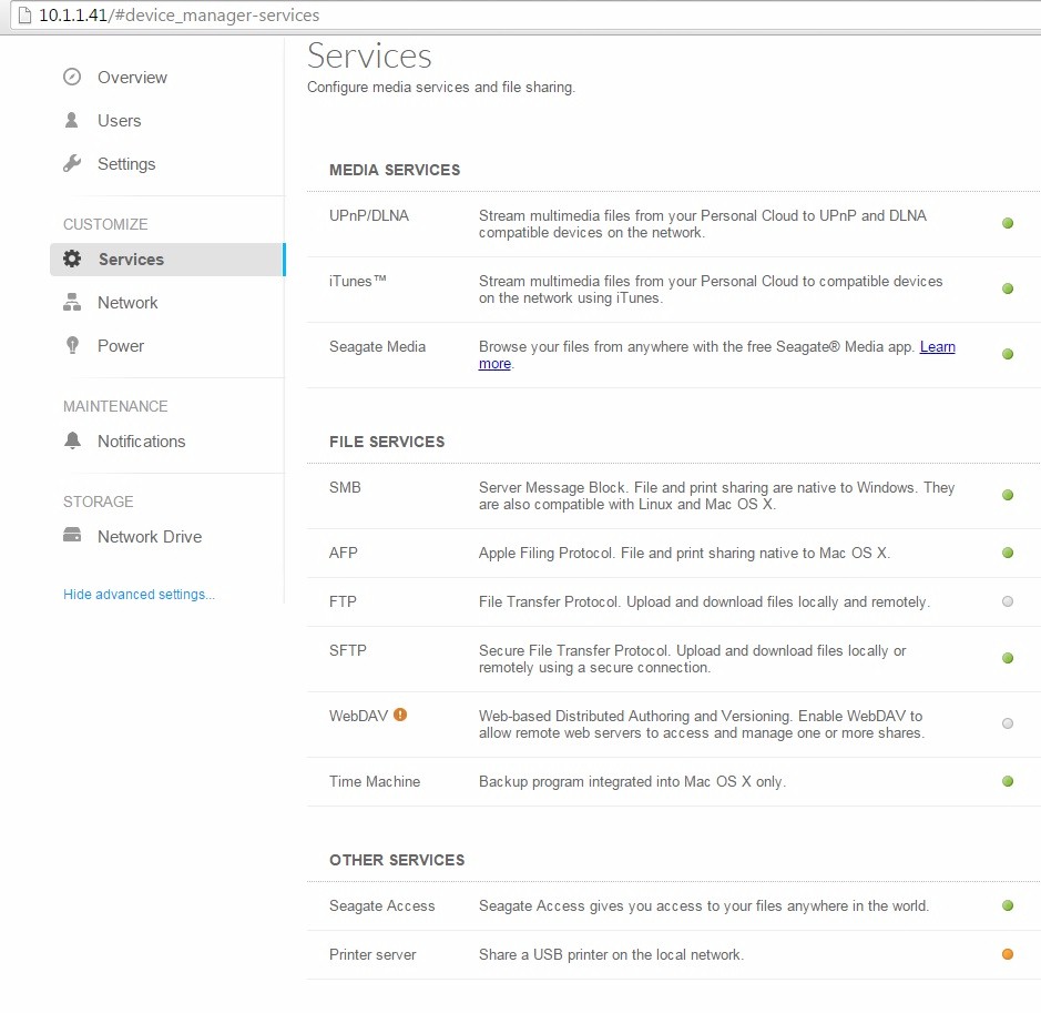 Seagate Personal Cloud Services page