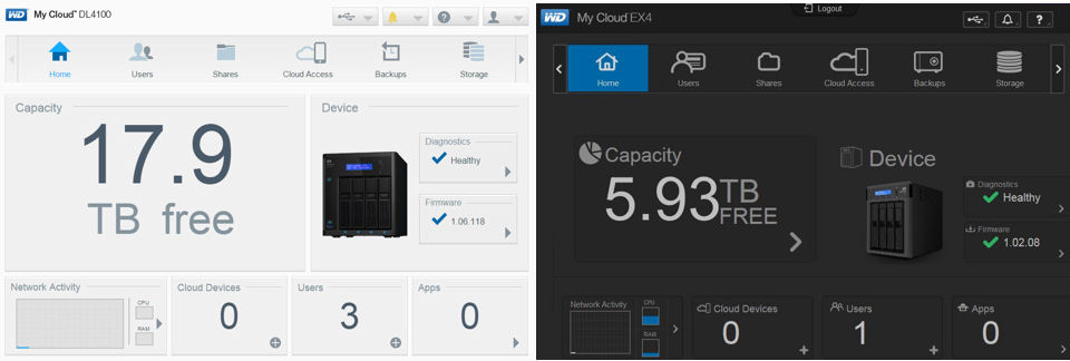 WD My Cloud DL4100 (l) and EX4 (r) landing pages