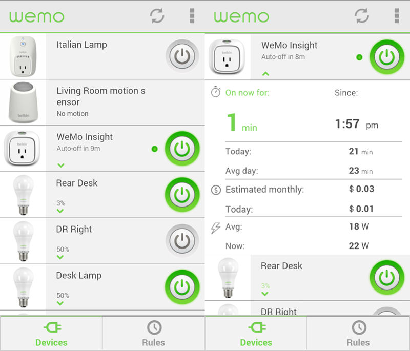 Belkin WeMo Insight Landing Page (left) and Power Consumption screen (right)