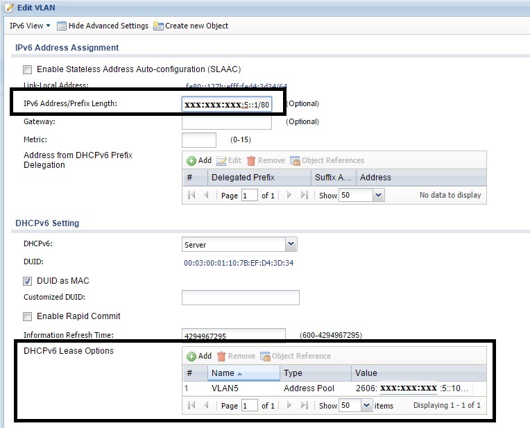IPv6 VLAN Interface Config