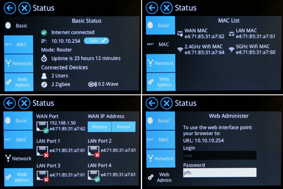 Securifi Almond+ Touch Status screens