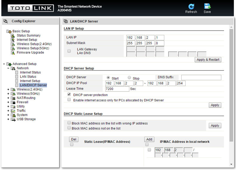Totolink A2004NS Advanced Setup showing LAN/DHCP Server settings