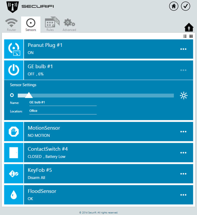 Securifi Almond Plus Web UI showing linked sensors