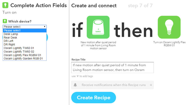 IFTTT Available lighting devices (left) and recipe summary (right)