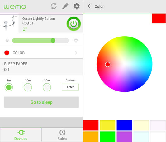 Belkin WeMo/OSRAM Gardenspot control panel and color adjustment