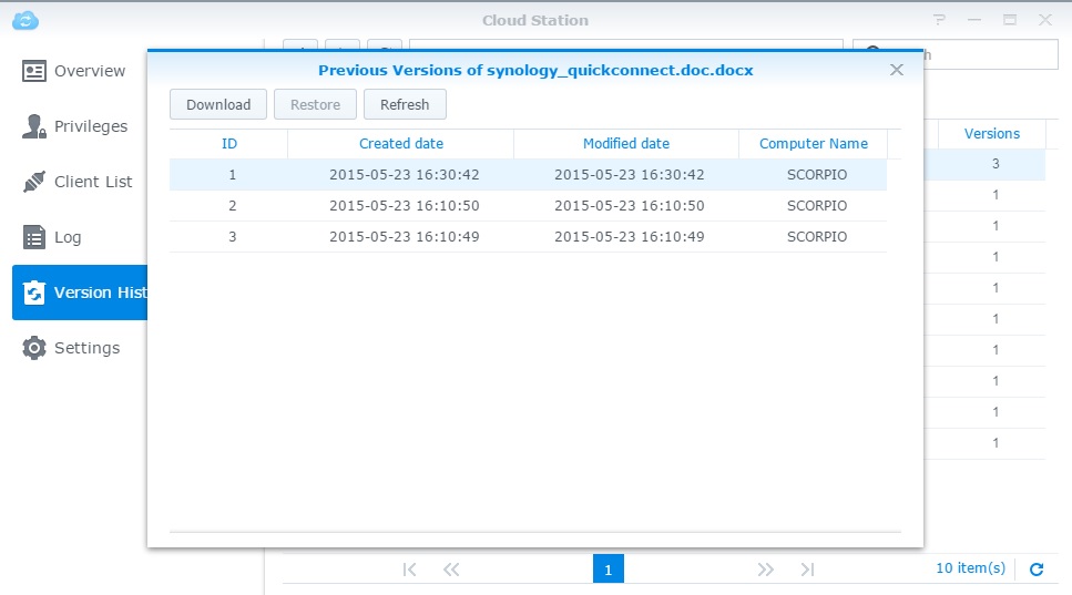 Cloud Station's file version history
