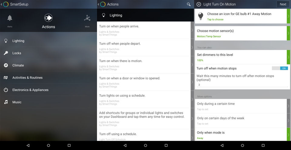 SmartThings Add Action - Choose Lighting under Motion category (left), Select SmartApp (center), Configure SmartApp options (right)