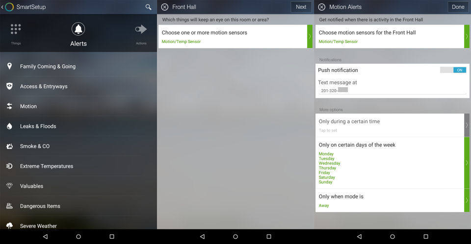 SmartThings Add Alert - Alert Categories (left), Select Sensor (center), and preferences (right)