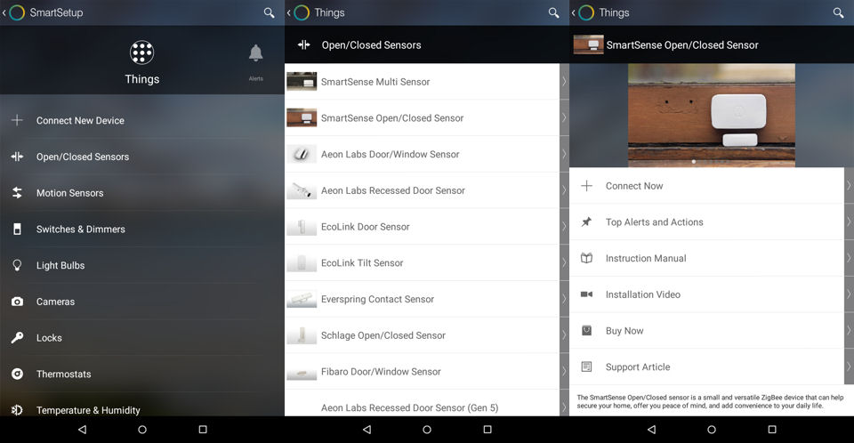 SmartThings Add Things categories (left), supported devices (center) and options for a specific device (right)