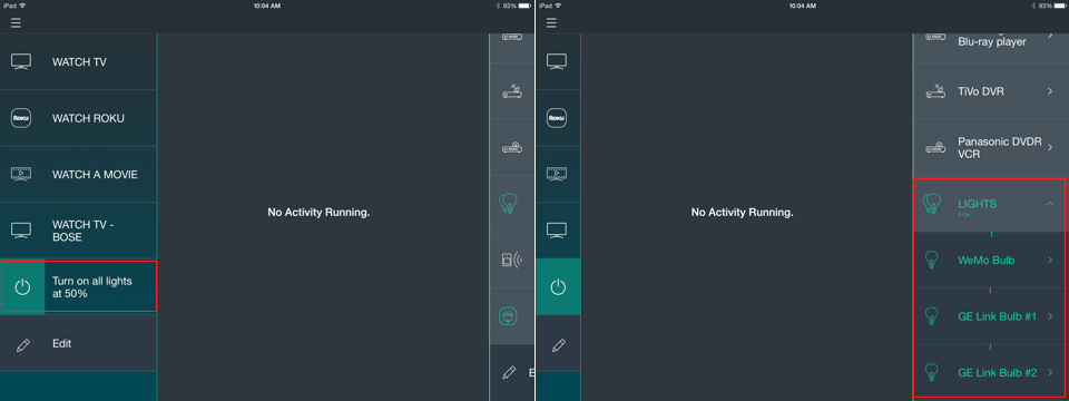 Harmony - SmartThings activities (left) and device status (right)