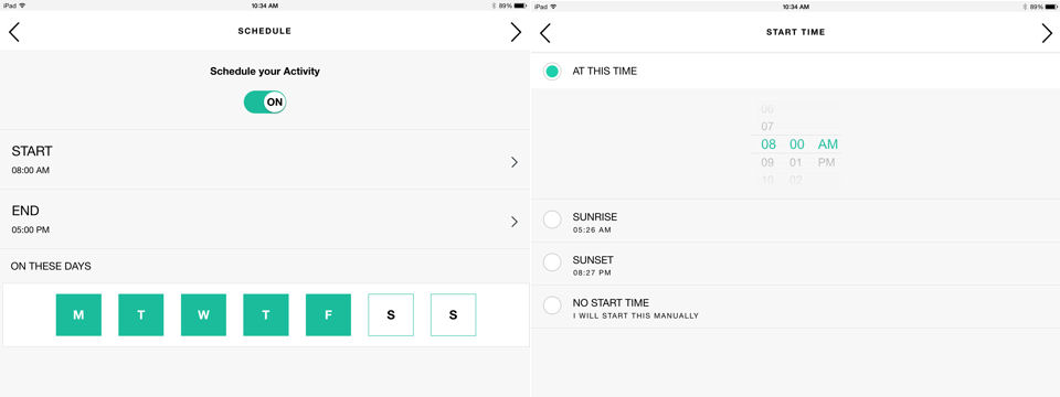 Harmony - SmartThings - Activity summary (left) and set start time (right)