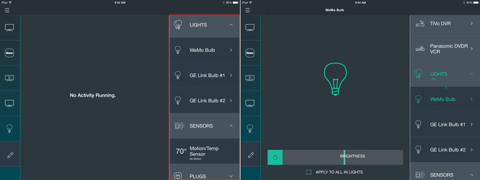 Harmony - SmartThings devices (left) and device control (right)