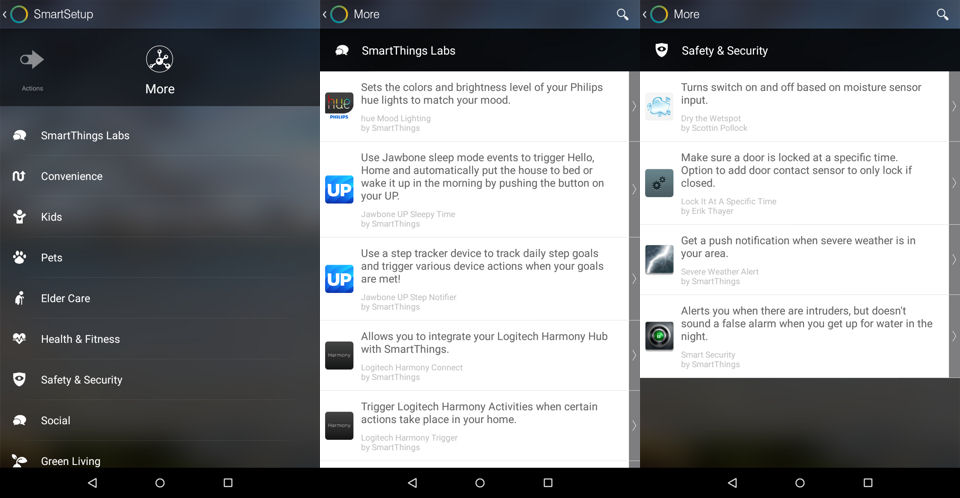 SmartThings More Menu - Category listing (left), SmartThings Labs partial listing (center) and Safety and Security apps (right)