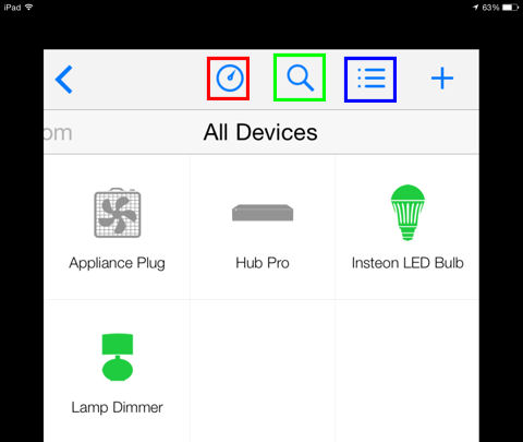 Insteon Navigation showing Dashboard (red), Search (green) and Configure Your Home (blue)