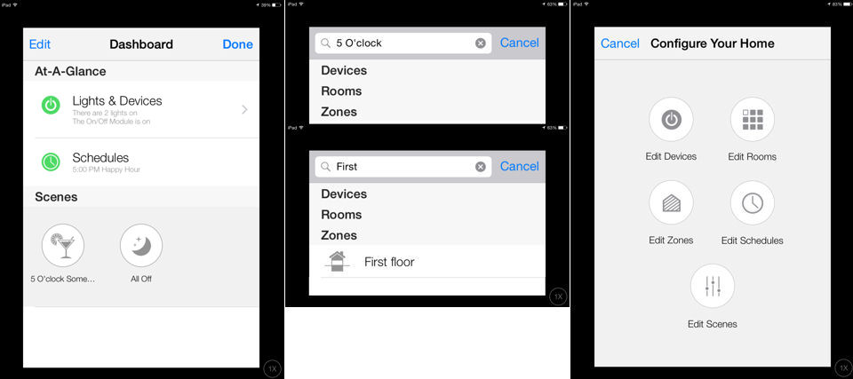 Dashboard (left) Search (center) and Configure you Home (right) submenus