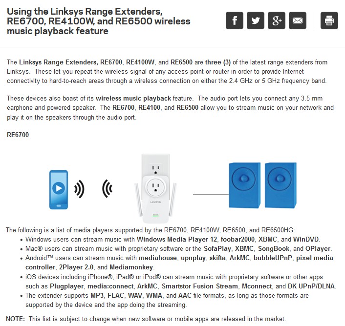 Linksys RE6700 music playback apps