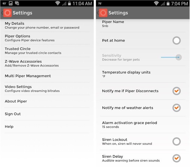 Settings (L) & Settings Options (R) screens