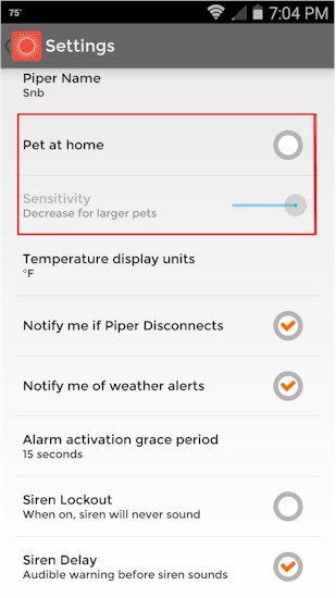 Pet at home settings option