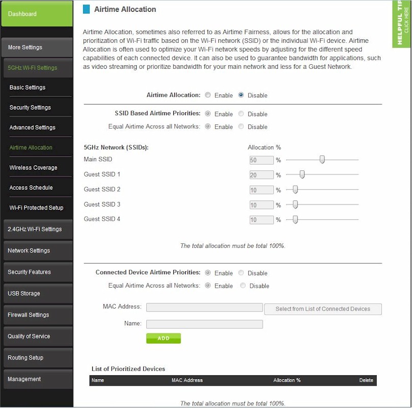 Amped Wireless RTA2600 Airtime Allocation settings