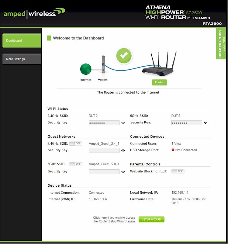 Amped Wireless RTA2600 Dashboard landing page