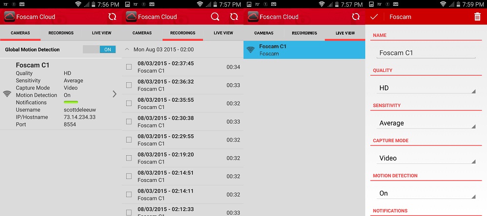 Foscam Cloud app screens