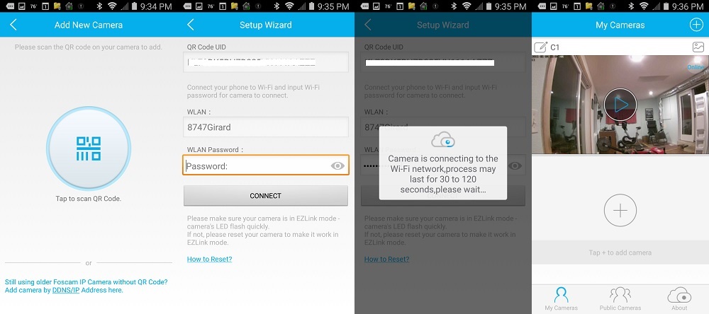 Foscam C1 QR code setup screens
