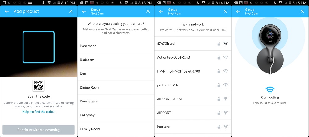 Nest Cam QR code setup screens