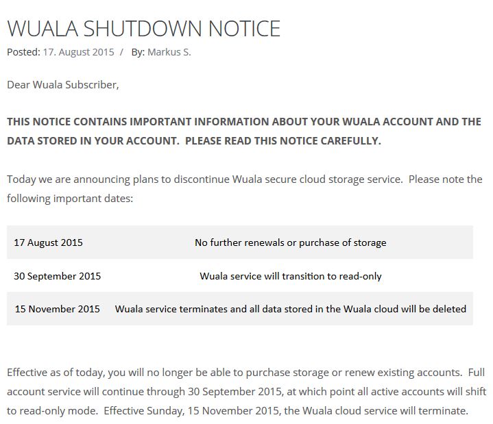 Wuala shutdown notice