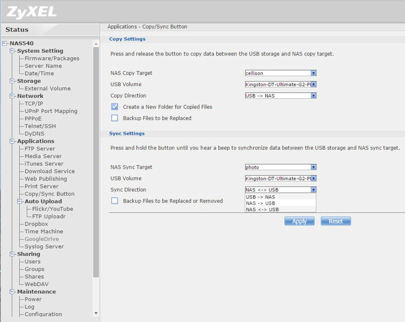 ZyXEL NAS540 Copy/Sync button configuration