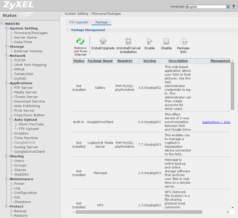 ZyXEL NAS540 Package Management