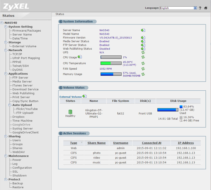 ZyXEL NAS540 Settings landing page