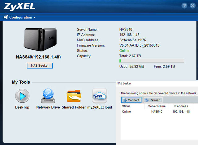 ZyXEL NAS starter utility with NAS seeker results (inset)