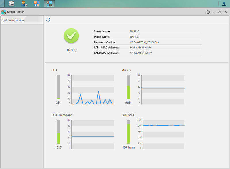 Zyxel NAS540 status page