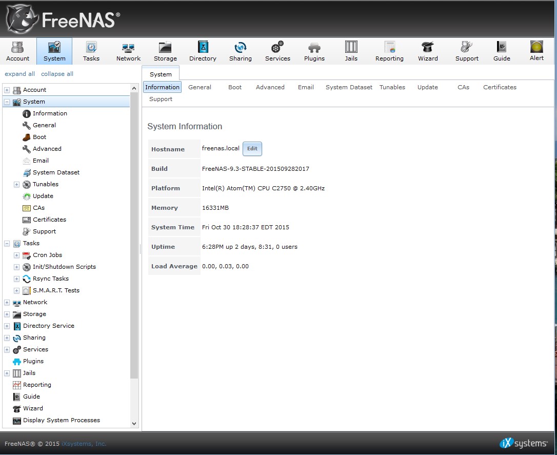 FreeNAS Version 9.3 landing page