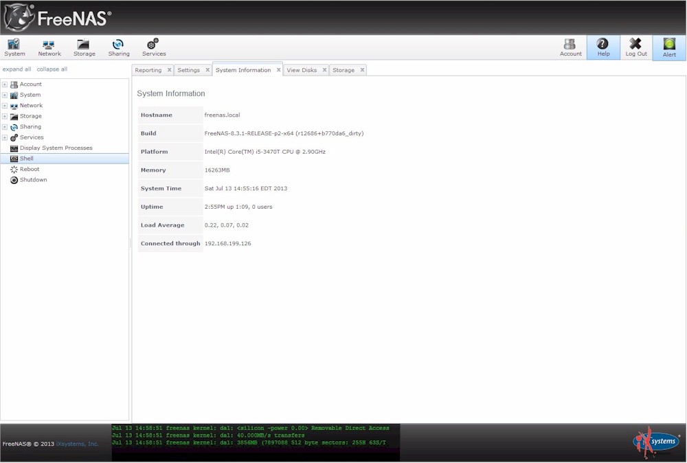 FreeNAS Version 8.3 landing page