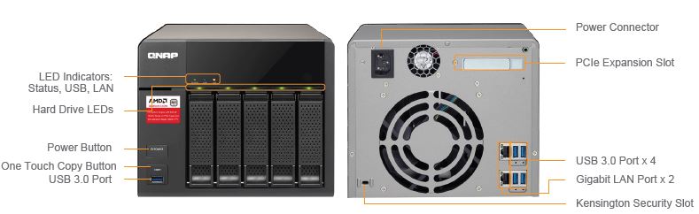 QNAP TS-563-8G front and rear panel callouts