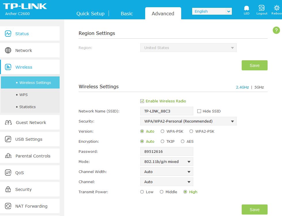 Advanced Wireless - 2.4 GHz defaults