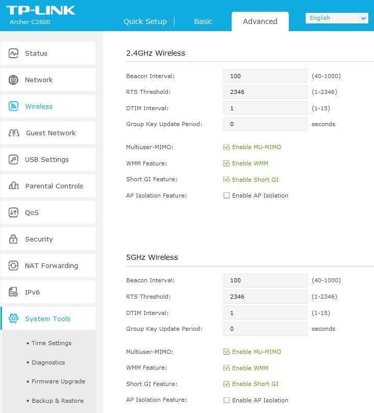 Wireless Advanced settings