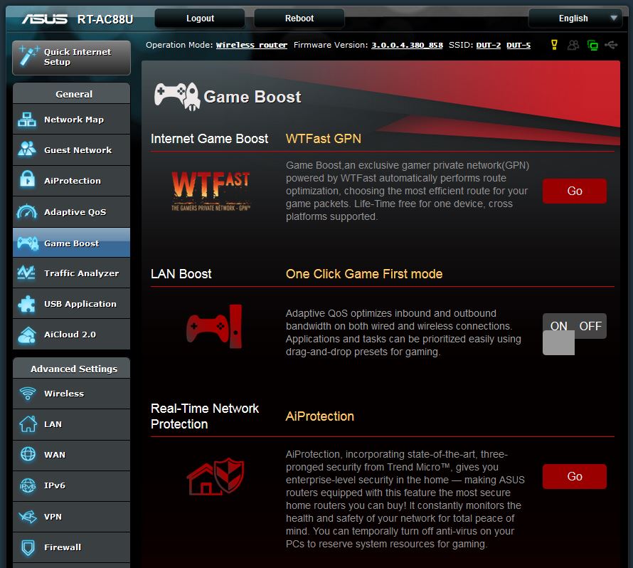 ASUS RT-AC88U Game Boost page
