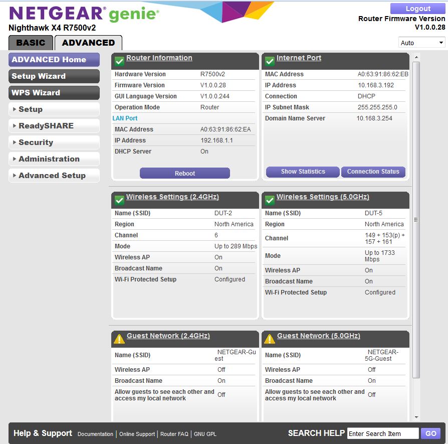 NETGEAR R7500v2 Advanced landing page