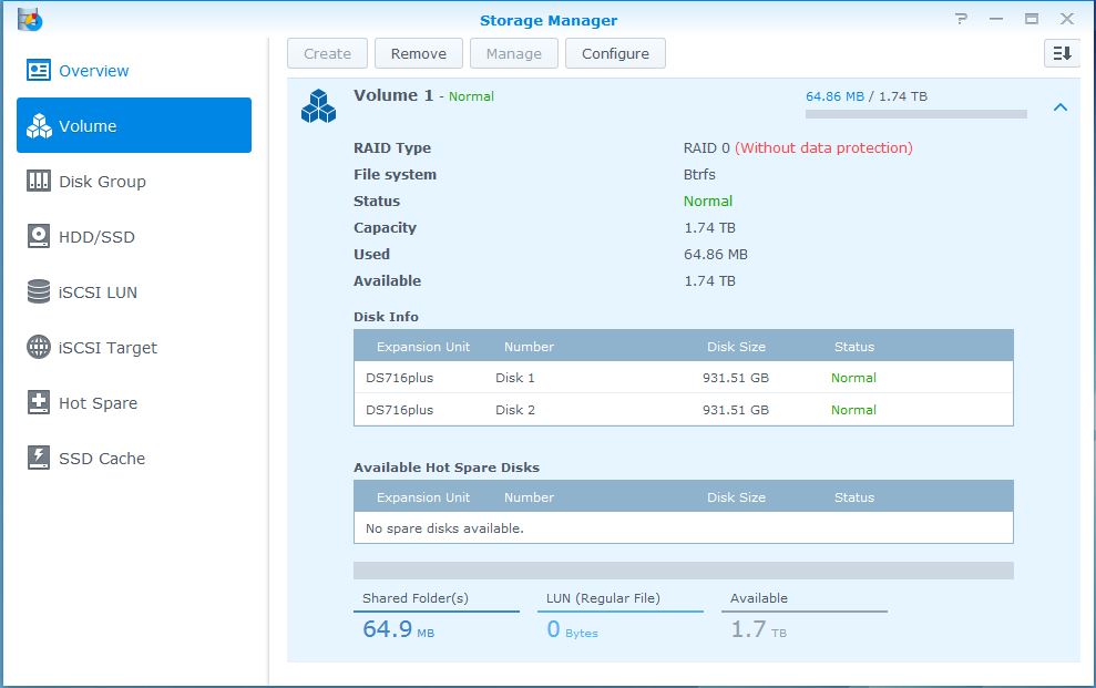 Synology DS716+ Storage Manager