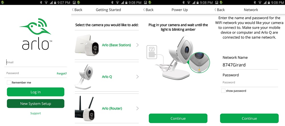 Arlo Q setup screens 1