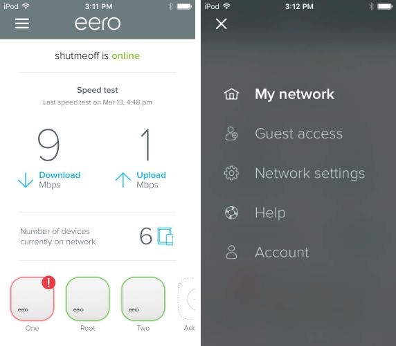 eero My Network and main menu