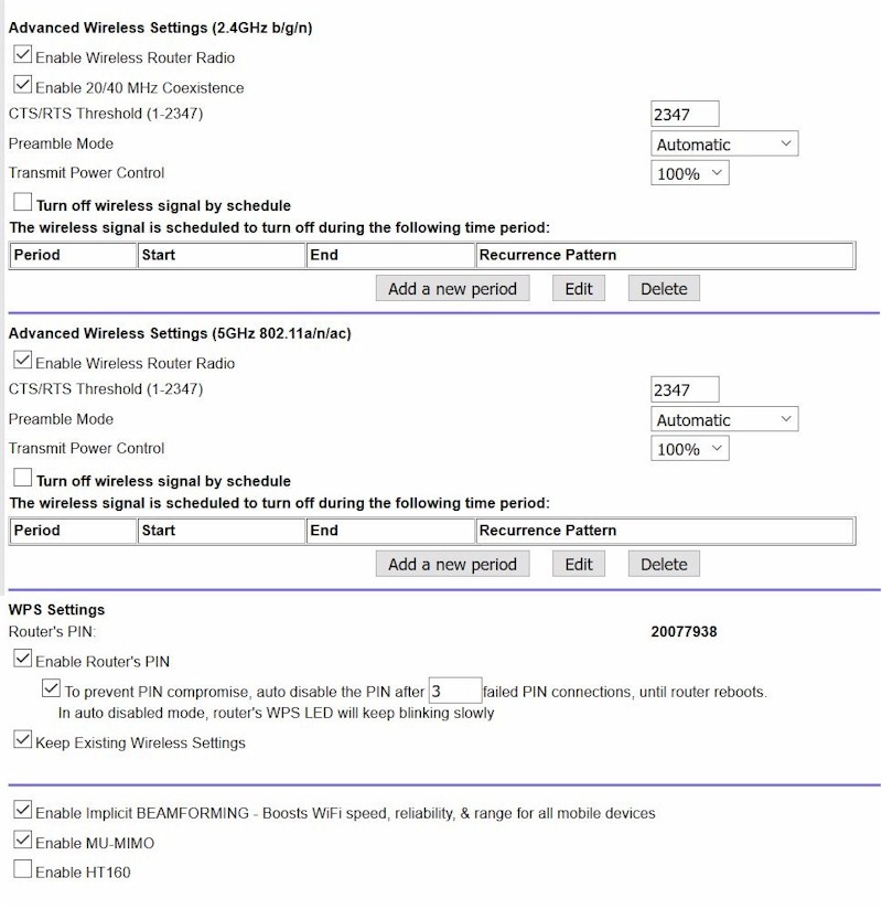 R7800 Advanced Wireless defaults