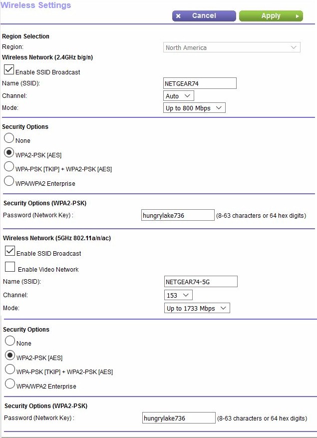 R7800 Wireless defaults