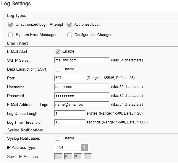 Log and Email Settings